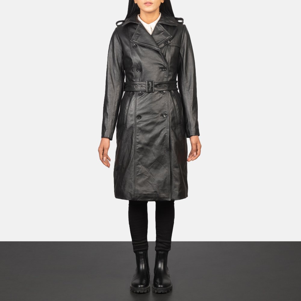 Natalie Portman Black Leather Hooded Coat | Belted Leather Coat